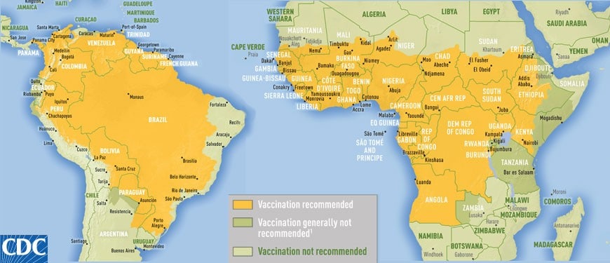 CDC Yellow Fever areas that require the vaccine.